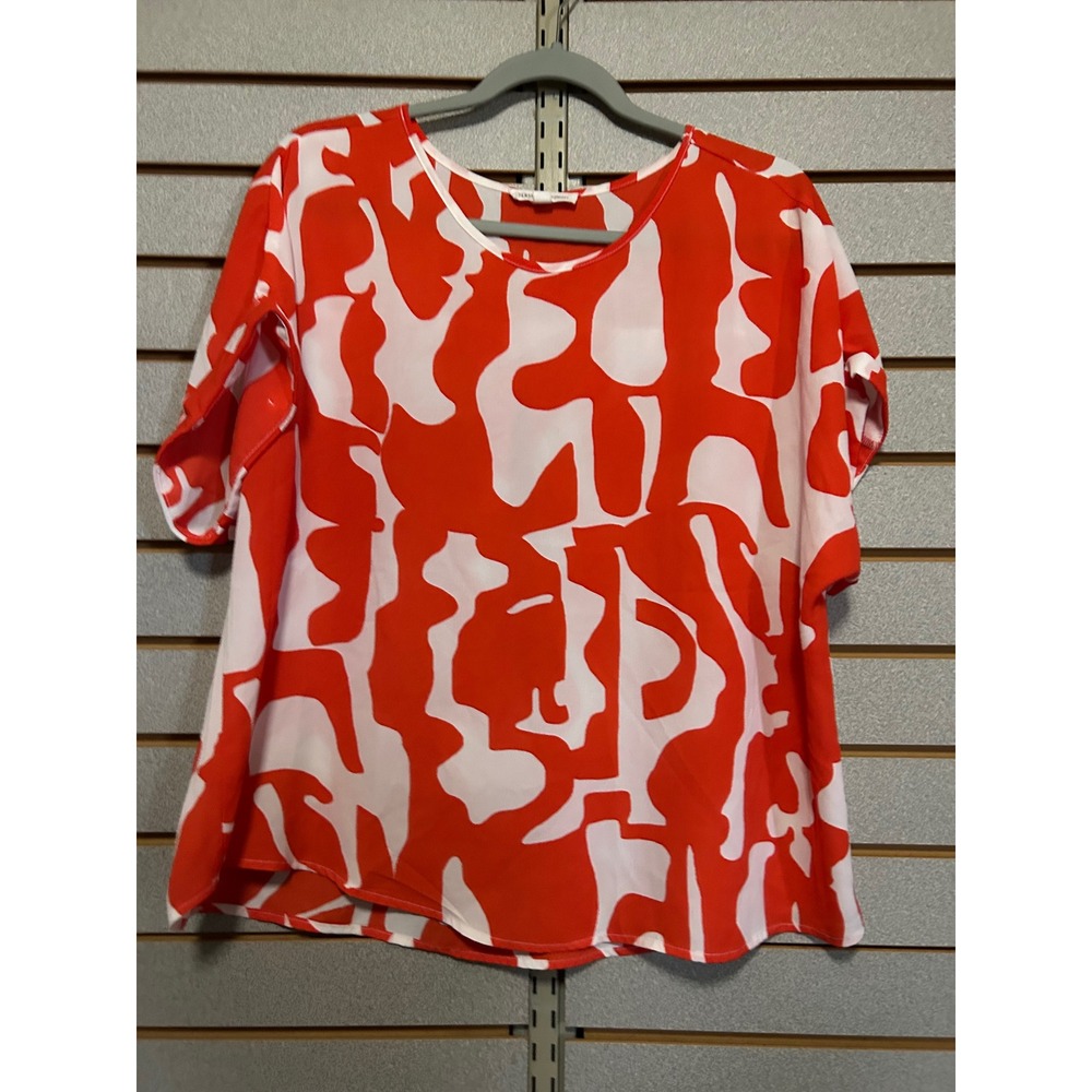 Perception Concept Womens L Orange White Abstract Graphic Short Sleeve Blouse